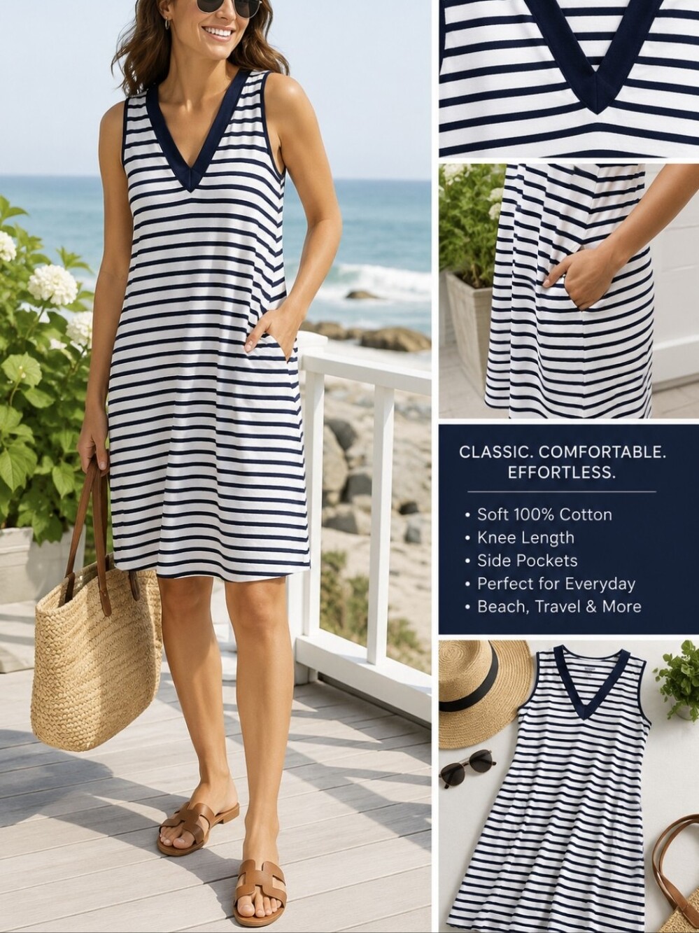 Lands’ End Navy White Striped Shift Dress Sleeveless Pockets Large
